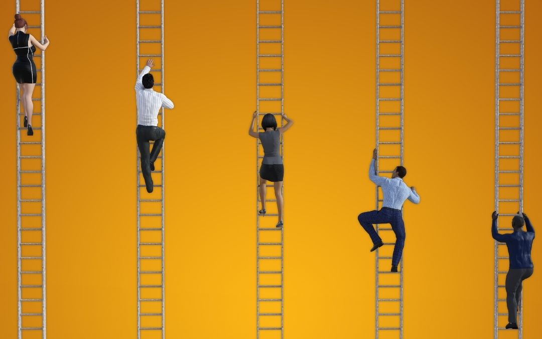 Corporate women and men climbing ladders representing the wrong way to go after personal growth