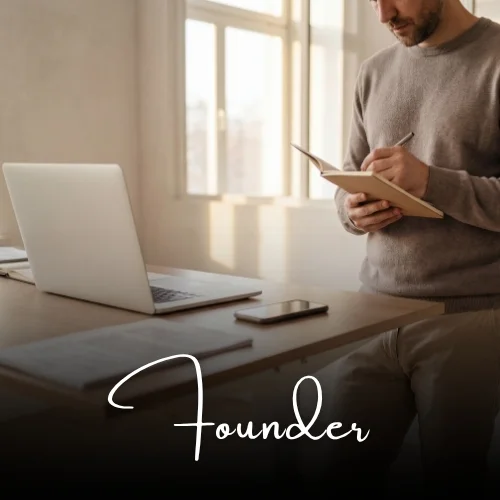 Founder at desk with laptop and notebook, founder coaching and mental health support