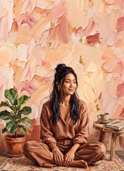 one-to-one immersive retreat experience australia what is included illustration of woman sitting in one-to-one retreat smiling with coffee and a journal sitting on table next to her and a plant