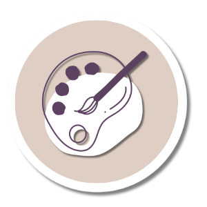 sand colored circle with purple and white illustration of a paintbrush and paint palette representing redesign