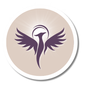 sand colored circle with purple and white illustration of phoenix bird representing rise