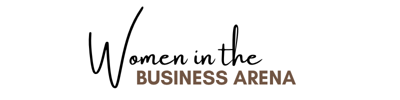 Women in the business arena logo in black script font and brown san serif font