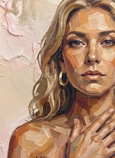 women in business monthly support included illustration of woman looking at camera with hand on neck and painted textures on and around her