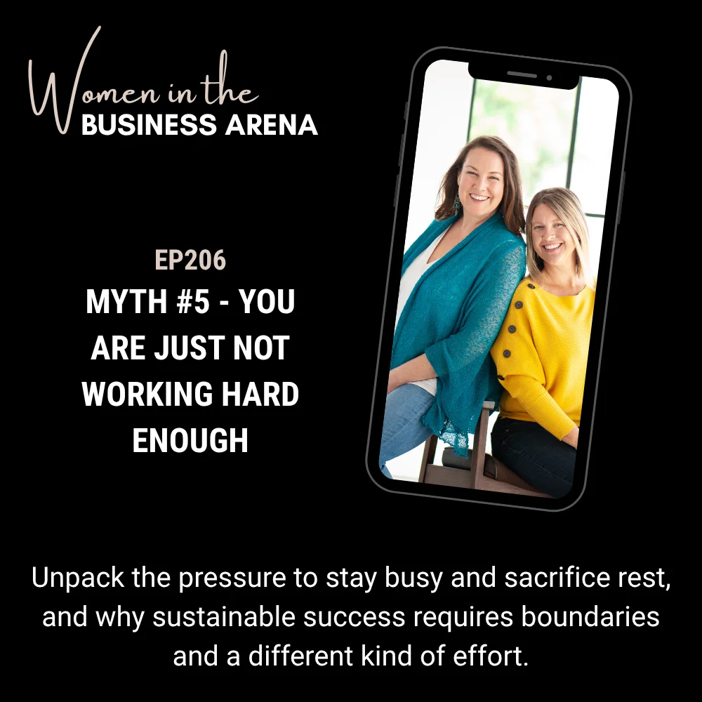 Myth #5 Black archive card for Myth #5 Women in the Business Arena podcast featuring Laura and Sonya on a phone.
