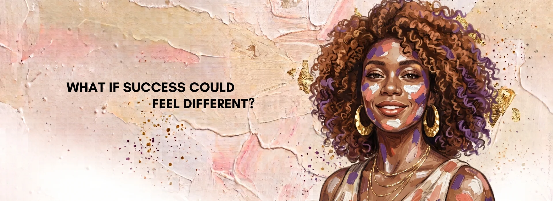 Illustration of black woman with painted texture on her skin and type on top of textured background asking what is succcess could feel different. 