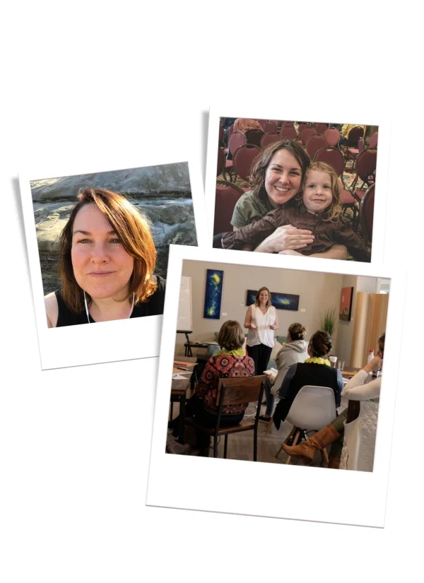 Photo Collage of Sonya Stattmann with her daughter at a conference, in front of a room of women and a selfie