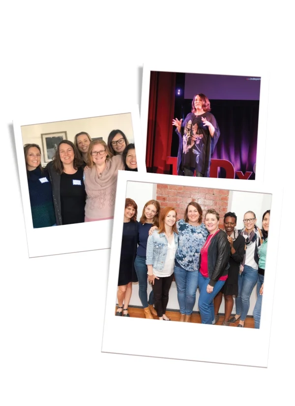 Photo collage of Sonya Stattmann with groups of women in business and on the TEDx stage
