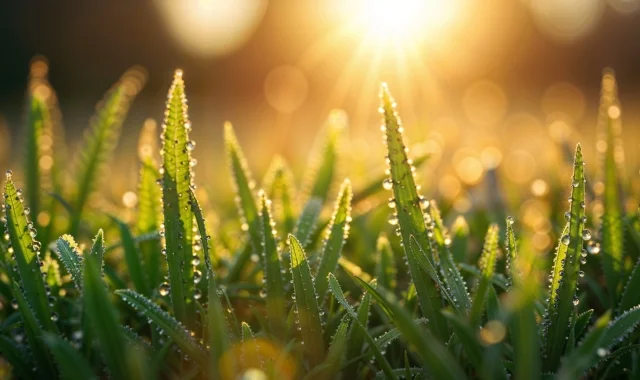 image of grass covered in dew with sunlight behind it mobile version